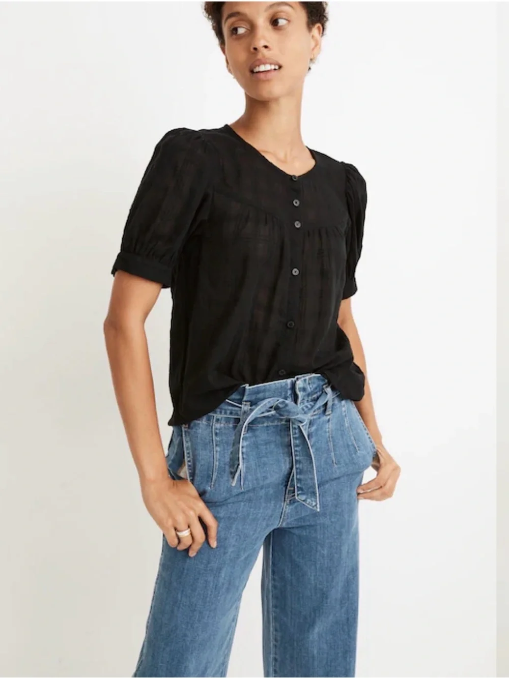Madewell Puff-Sleeve Yoke Button-Front Top in Textured Plaid